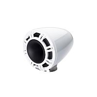Белая башенная рупорная акустика KICKER 9″ с LED-решёткой, ракурс 3/4