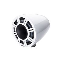 Белая башенная рупорная акустика KICKER 11″ с LED-решёткой, ракурс 3/4